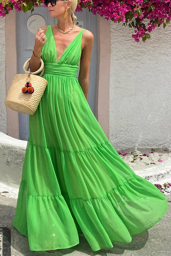 Refreshing forest green pleated deep V-neck high-waist dress