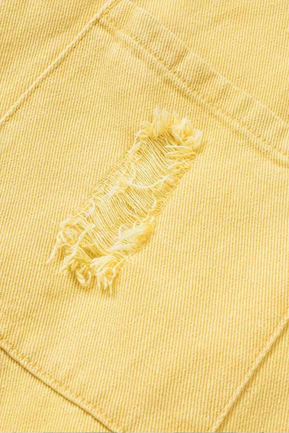 Distressed Raw Hem Denim Jacket with Chest Pockets