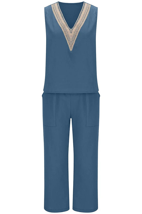 Mchoice Women's Summer Outfits Fashion V-neck Solid Color Sleeveless Tops and Loose Pocket Pants Suit