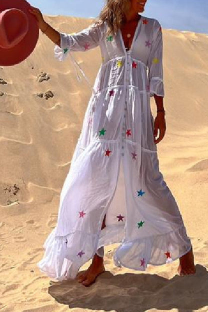 Kenan White Star V Neck Pleated Maxi Dress