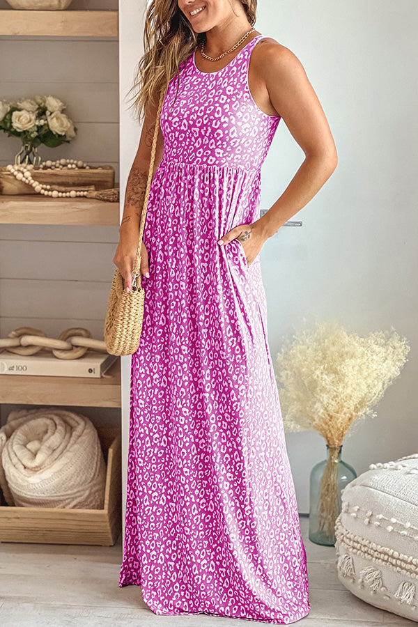 Leopard Print Floor Length Sleeveless Dress With Pockets
