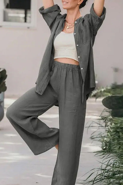 Casual Loose Solid Color Shirt Pants Set