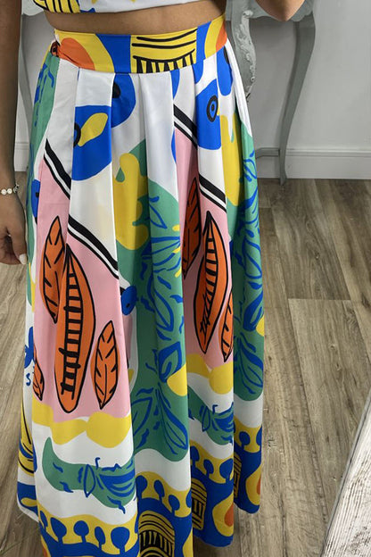 Maisel Abstract Print Shoulder Tie Smocked Top and Elastic Waist Pleated Skirt Set