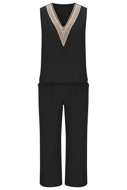 Mchoice Women's Summer Outfits Fashion V-neck Solid Color Sleeveless Tops and Loose Pocket Pants Suit